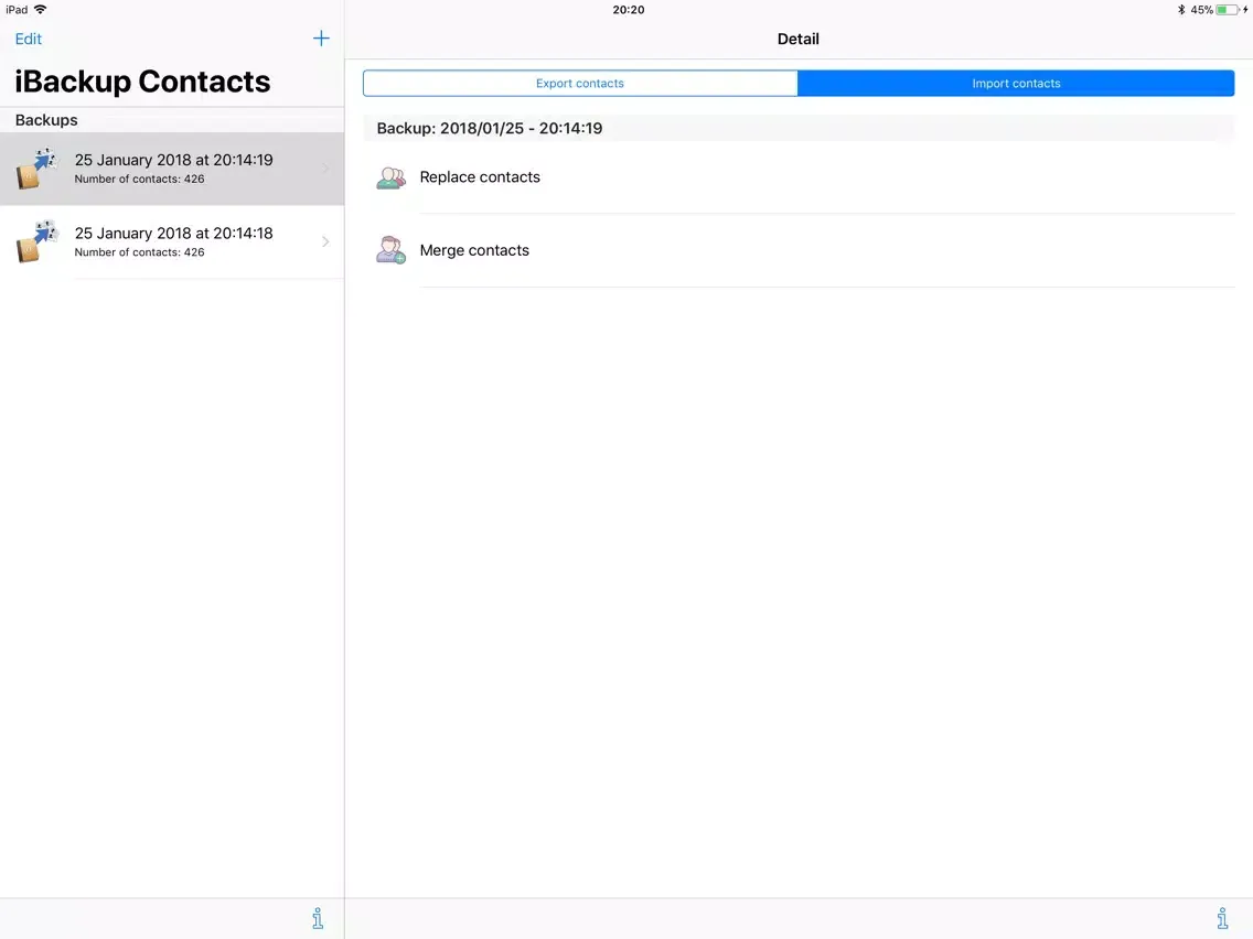 Capturas de tela do iBackup Contacts iPad 