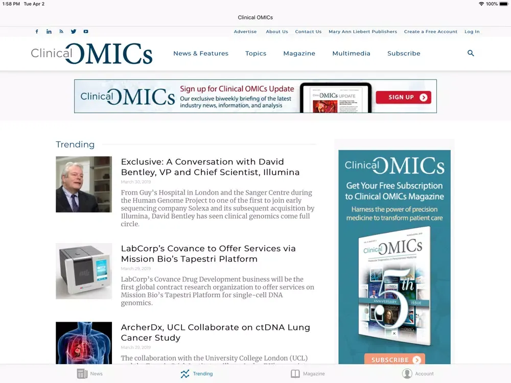 Ảnh chụp màn hình của Clinical OMICs iPad 