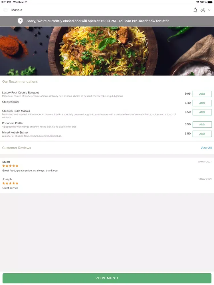 Tangkapan skrin Masala Kings Heath iPad 