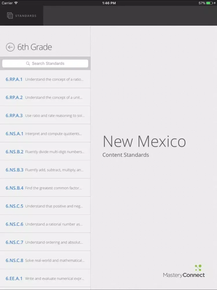 Ảnh chụp màn hình của New Mexico Content Standards iPad 