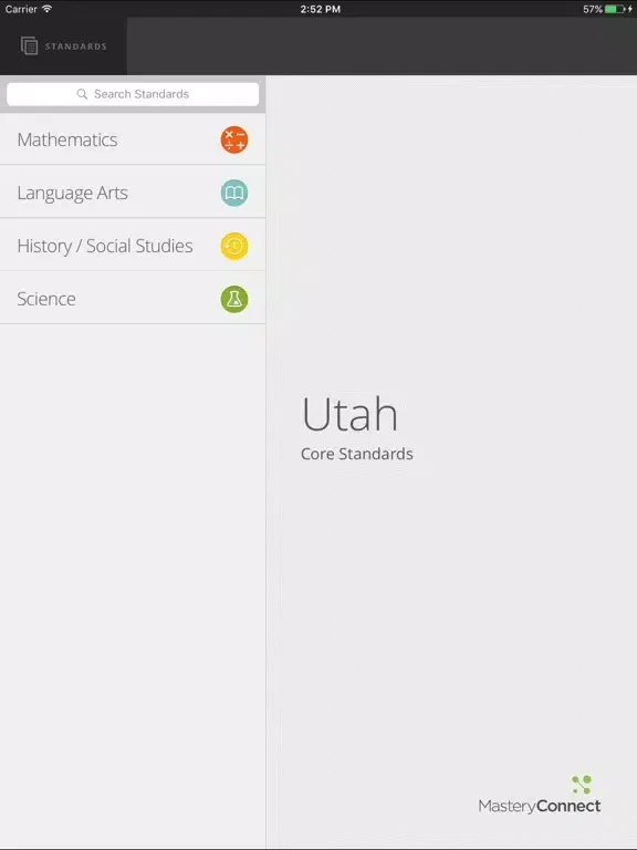 Tangkapan layar Utah Core Standards iPad 