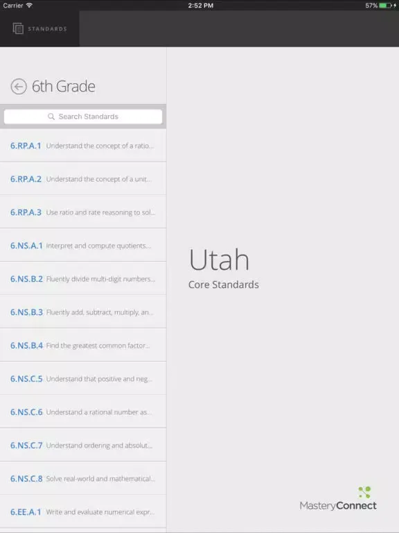 Tangkapan layar Utah Core Standards iPad 