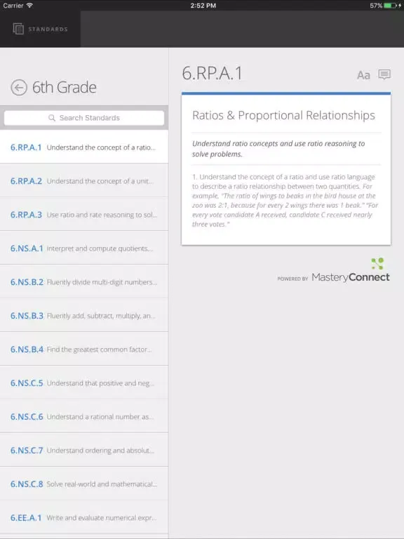 Tangkapan layar Utah Core Standards iPad 