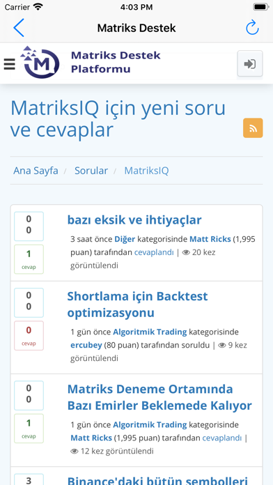 Matriks Destek Platformu Ekran Görüntüleri