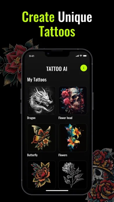 Capturas de tela do AI Tattoo Design Generator.