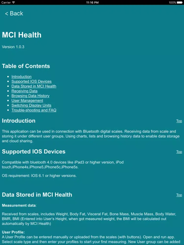 Capturas de tela do MCI Health iPad 