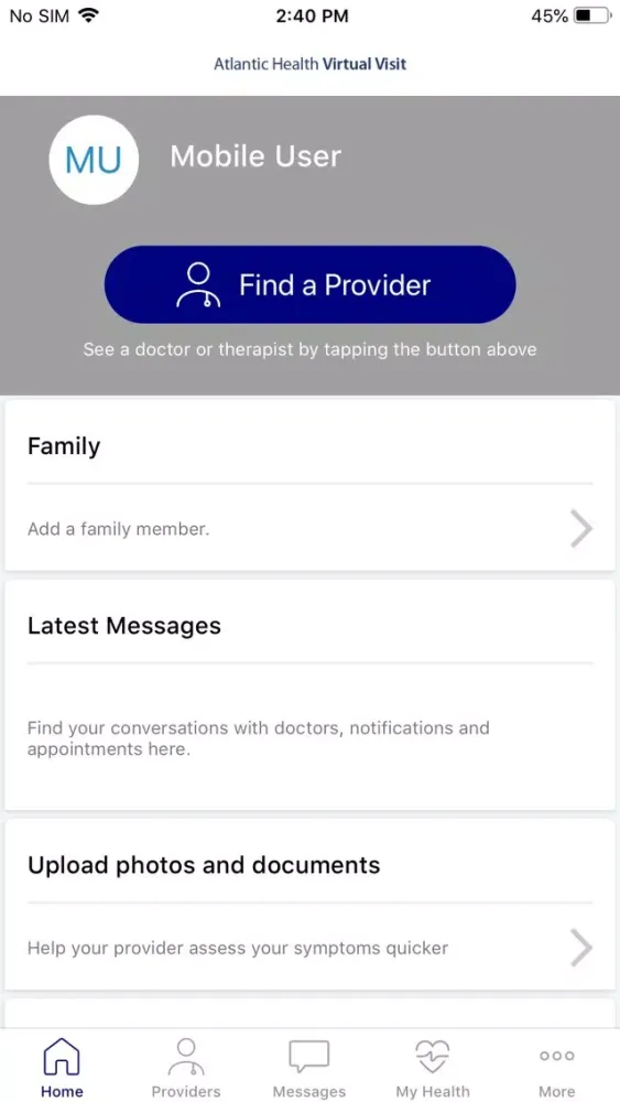 Ảnh chụp màn hình của Atlantic Health Virtual Visit