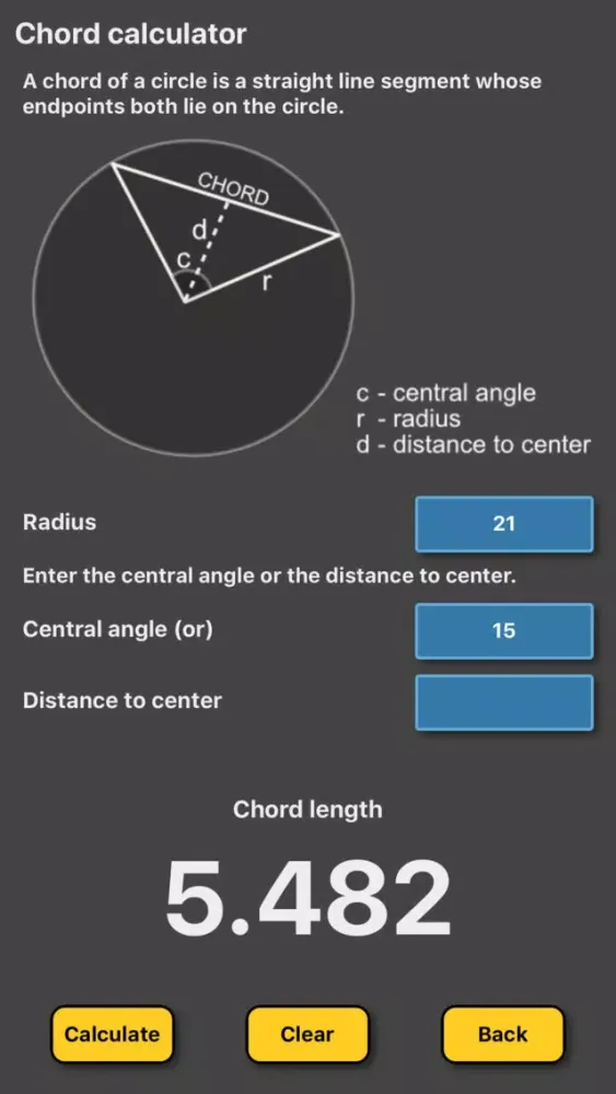 Скриншоты Chord length calculator circle