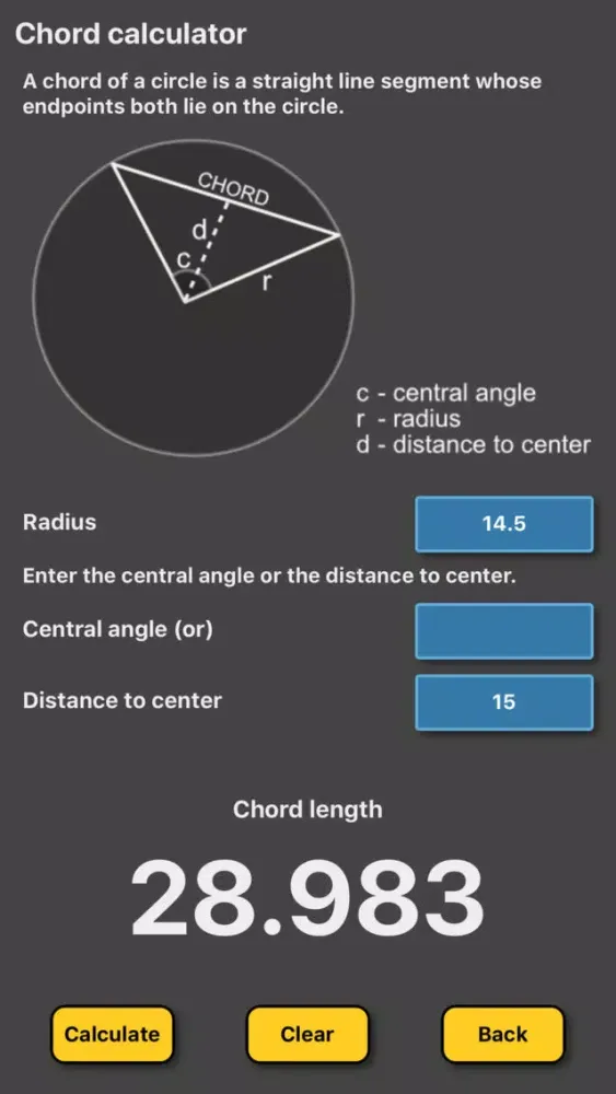 Скриншоты Chord length calculator circle