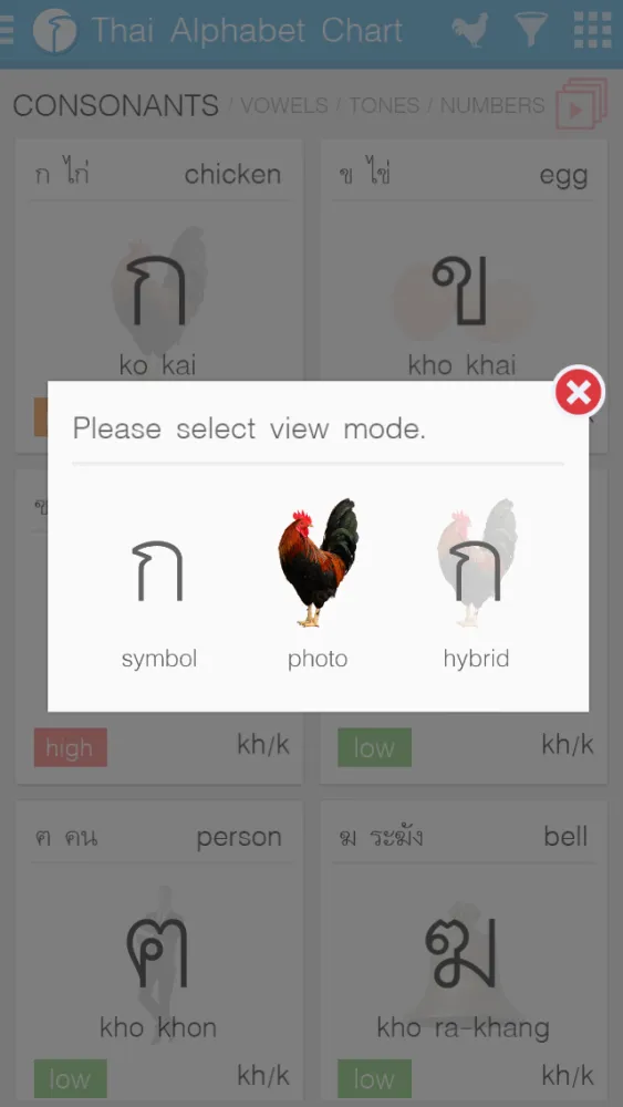 Ảnh chụp màn hình của Thai Alphabet Chart