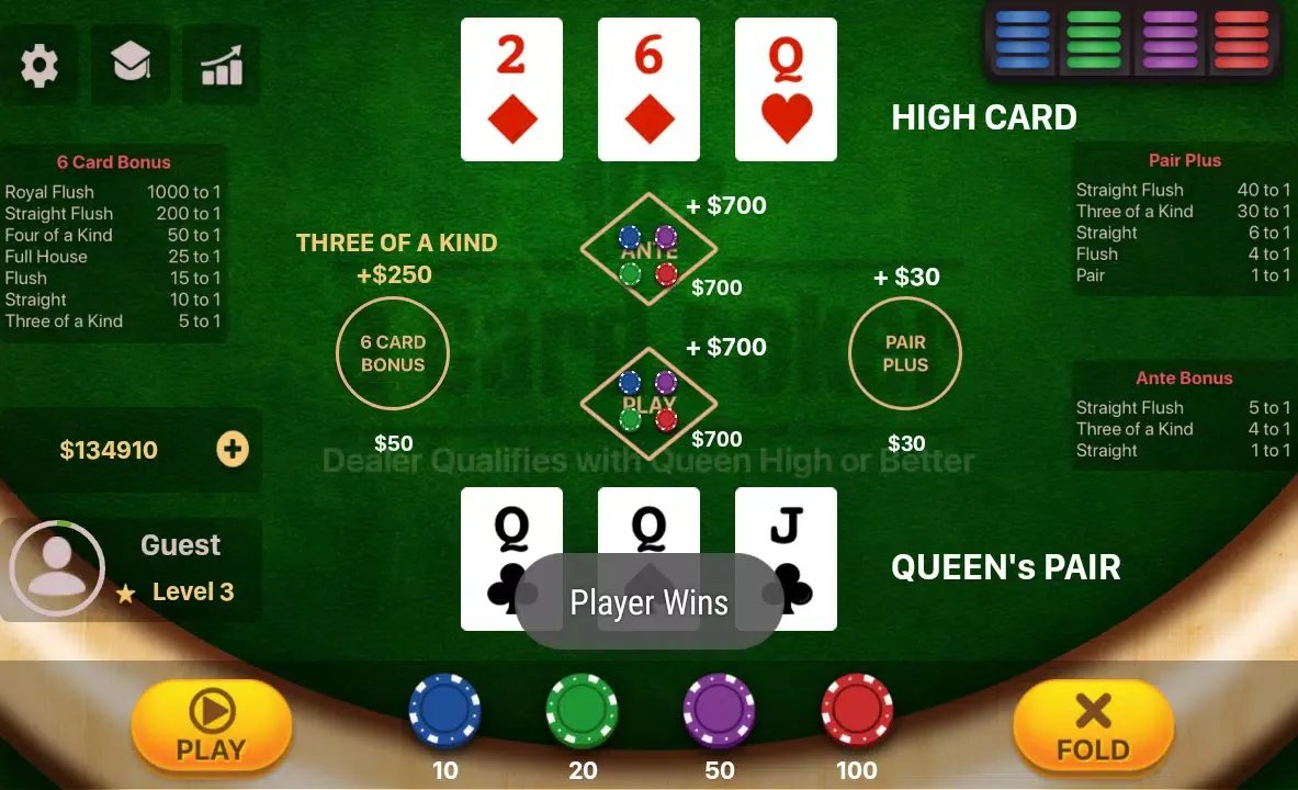Captures d'écran de Three Card Poker