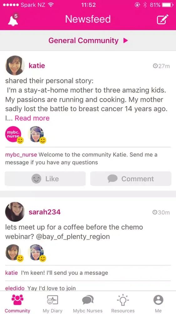 Capturas de tela do mybc – breast cancer community