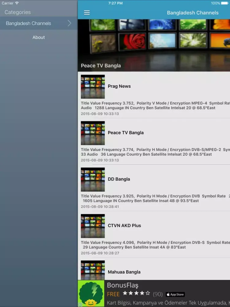 Tangkapan layar Bangladesh TV Channels Sat Info iPad 