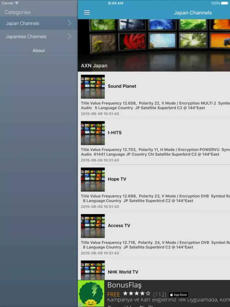 Japan TV Channels Sat Info iPad 应用截图