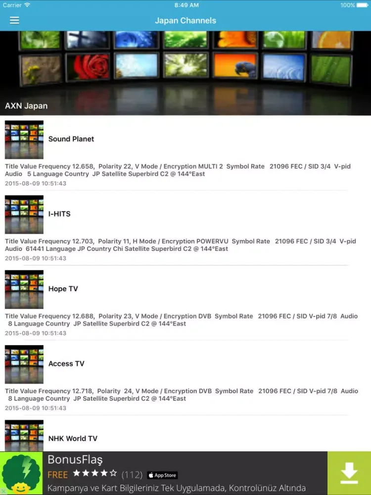 Japan TV Channels Sat Info iPad 应用截图