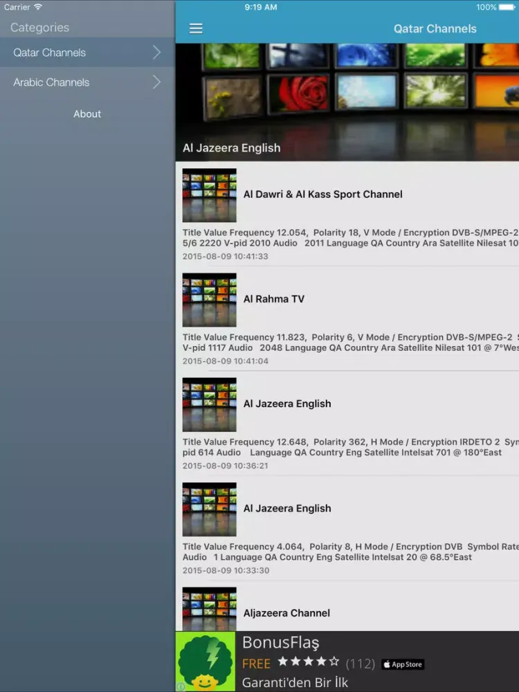 Qatar TV Channels Sat Info iPad  स्क्रीनशॉट