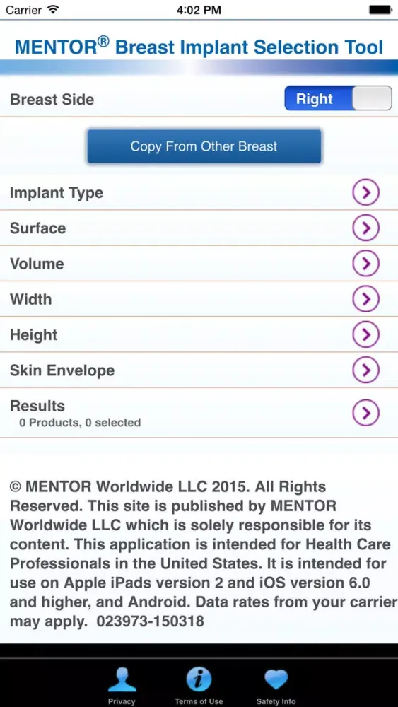 MENTOR® Breast Implant Selection Tool Ekran Görüntüleri