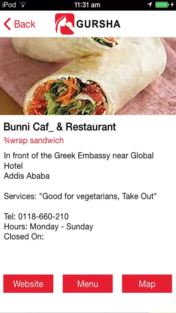 Capturas de tela do Gursha - Ethiopian Restaurant Directory