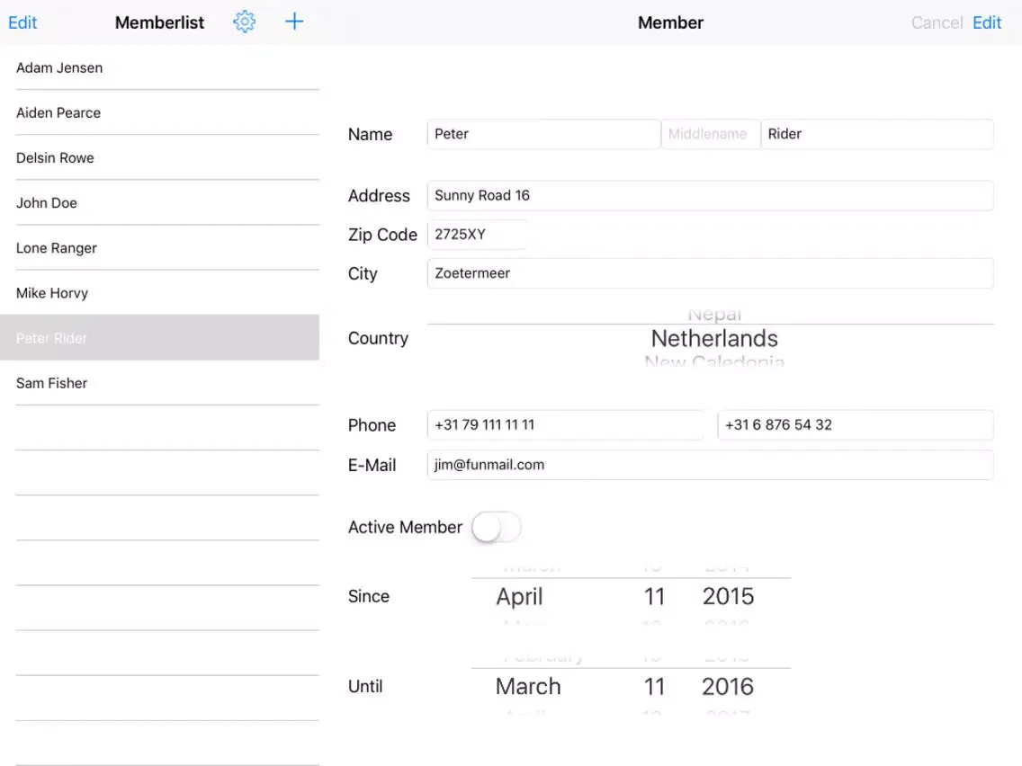 Capturas de tela do Member Administration iPad 