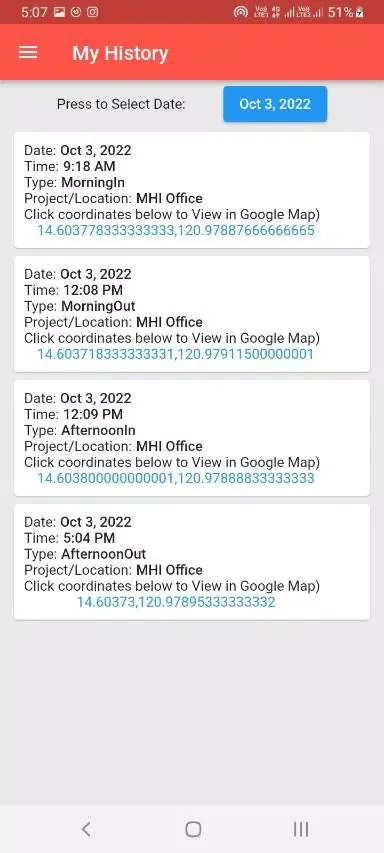 MHI Mobile Attendance Screenshots