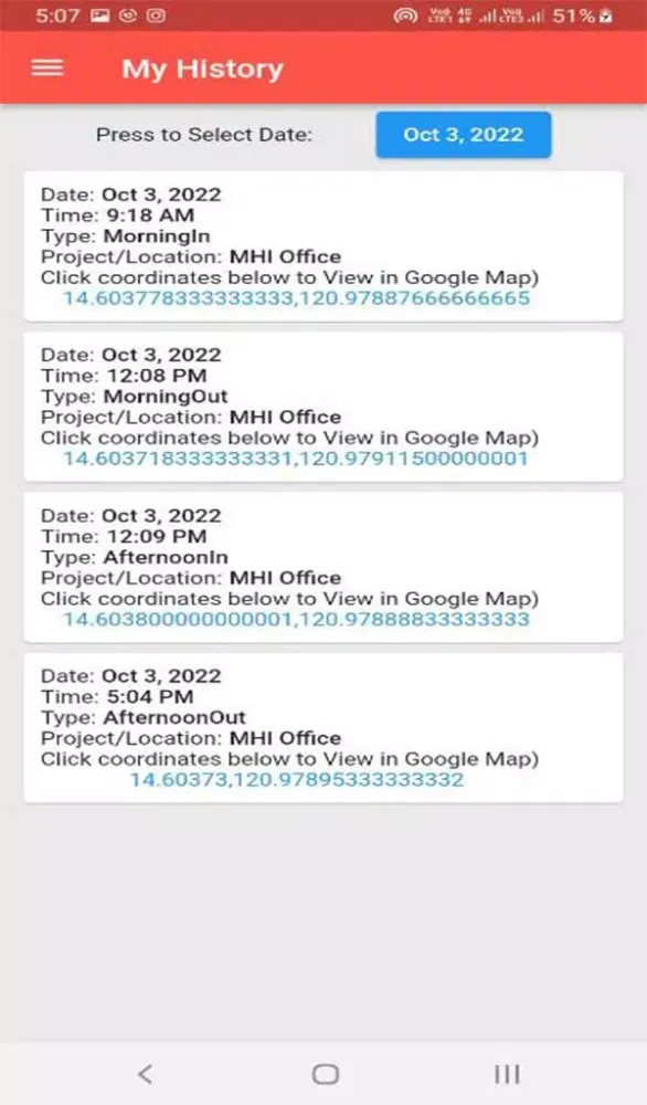 MHI Mobile Attendance Screenshots