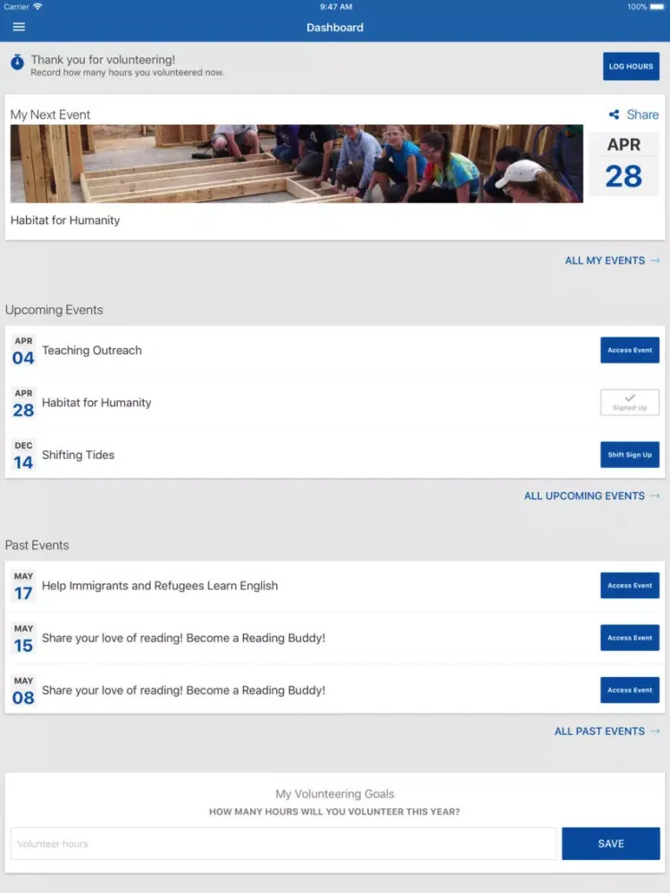 Ảnh chụp màn hình của VolunteerMe iPad 