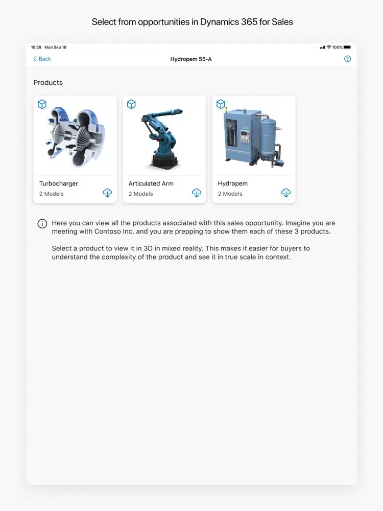 Tangkapan layar Dynamics 365 Product Visualize iPad 