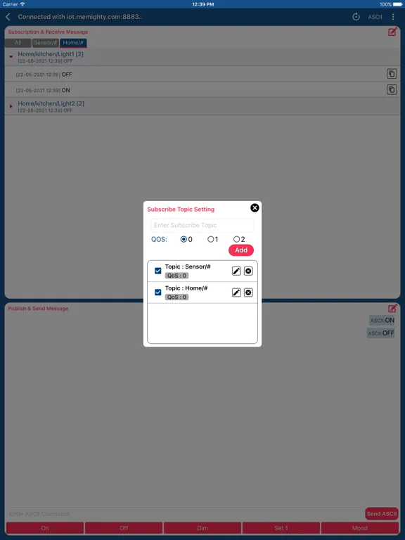 Tangkapan skrin MQTT Spy iPad 