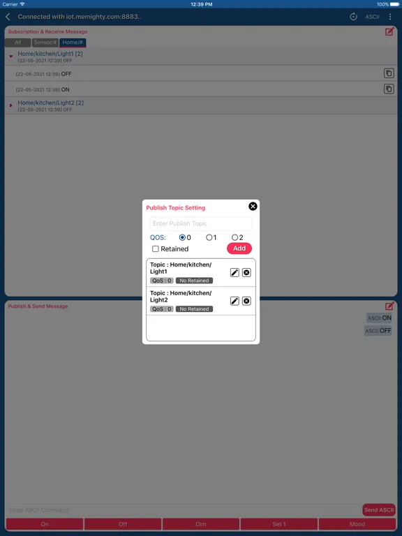 Tangkapan skrin MQTT Spy iPad 