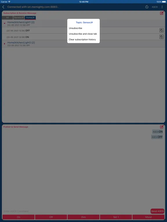 Tangkapan skrin MQTT Spy iPad 