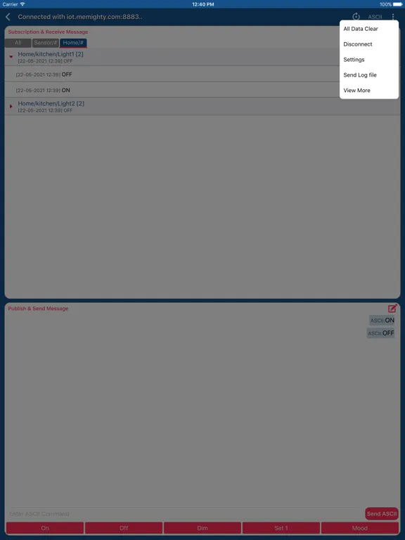 Tangkapan skrin MQTT Spy iPad 