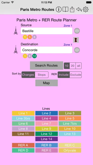 Capturas de tela do Paris Metro Route Planner
