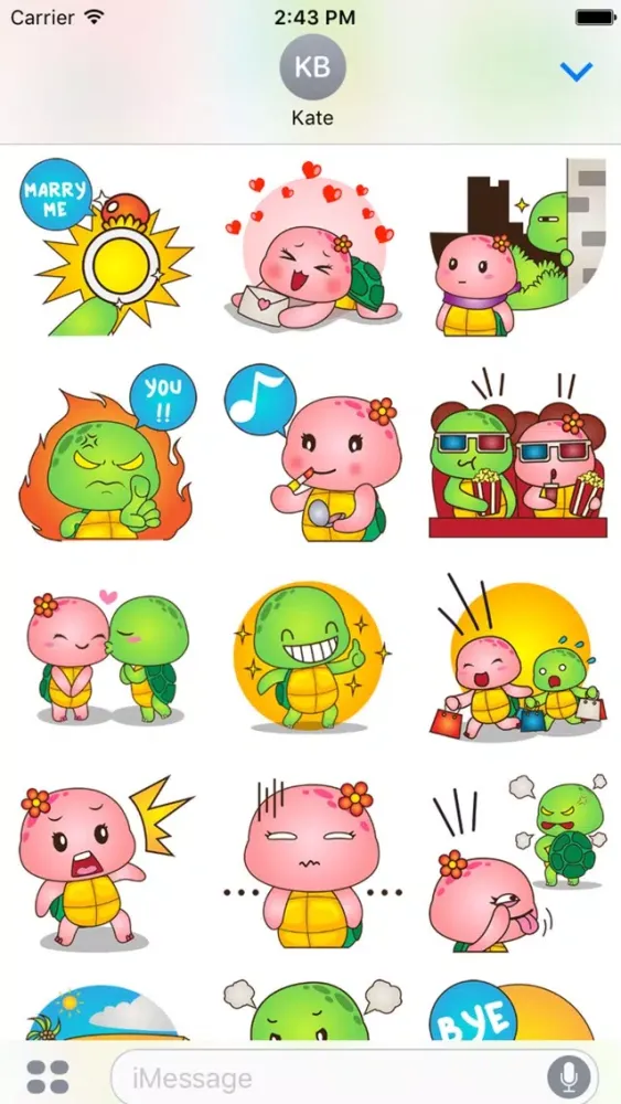 Tangkapan skrin Pura the turtle in love for iMessage Sticker