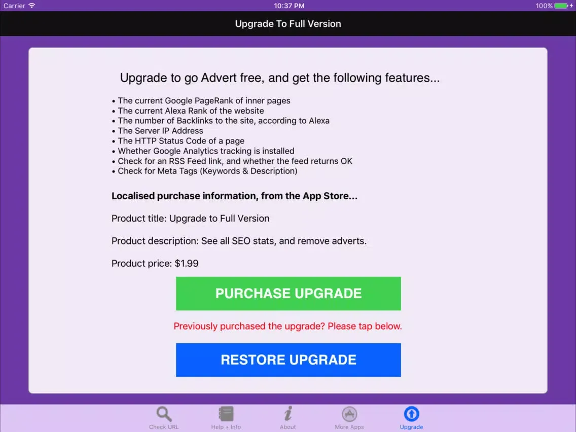 Screenshot di Website SEO Checks Lite iPad 