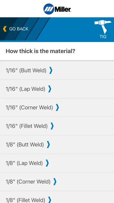 Zrzuty ekranu Miller Weld Setting Calculator