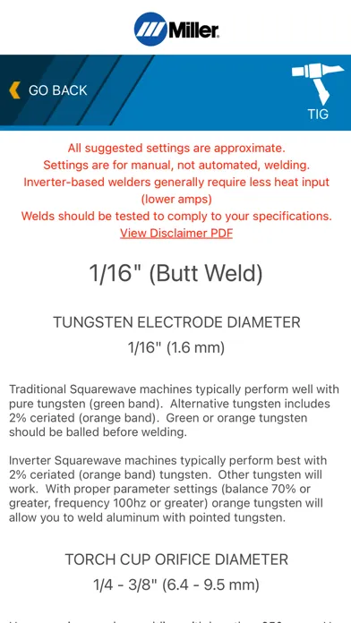 Zrzuty ekranu Miller Weld Setting Calculator