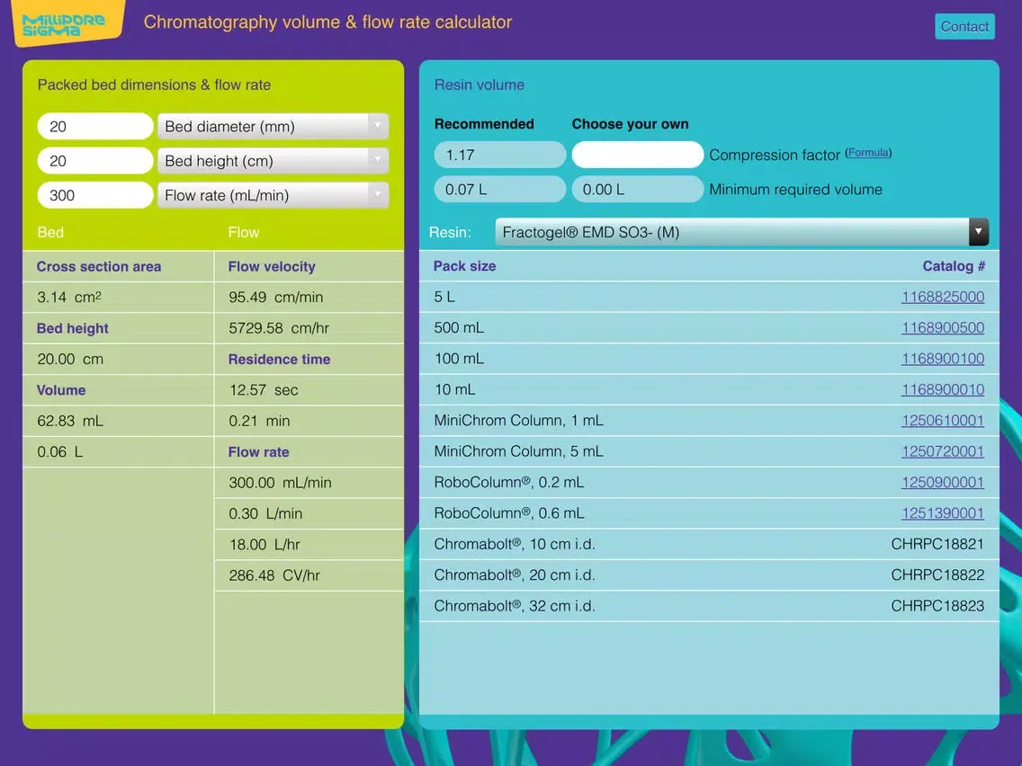Capturas de tela do EMD Millipore Chromatography Calculator iPad 