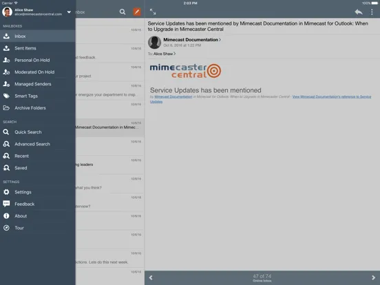 Tangkapan skrin Mimecast Mobile iPad 