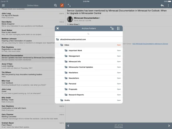 Tangkapan skrin Mimecast Mobile iPad 