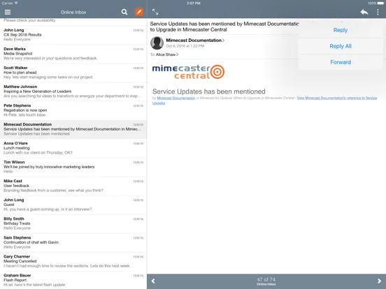 Tangkapan skrin Mimecast Mobile iPad 