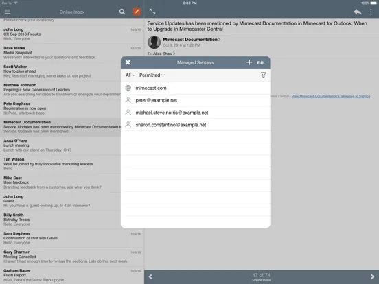 Tangkapan skrin Mimecast Mobile iPad 