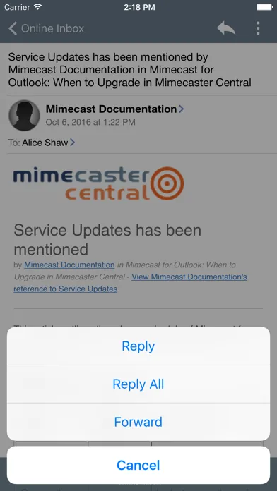 Tangkapan skrin Mimecast Mobile