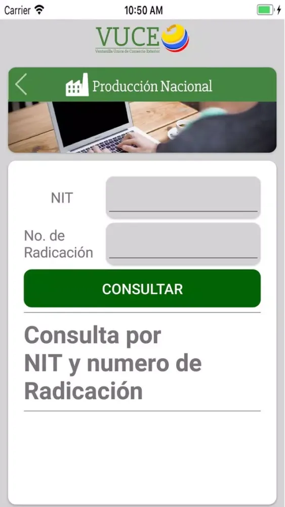 Tangkapan skrin VUCE Colombia