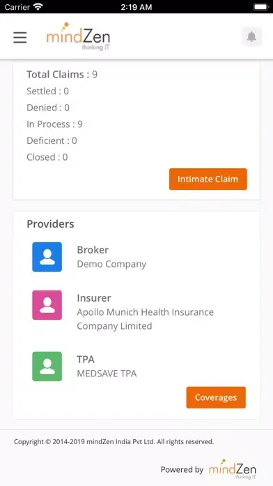 Capturas de tela do MZapp Employee Benefits