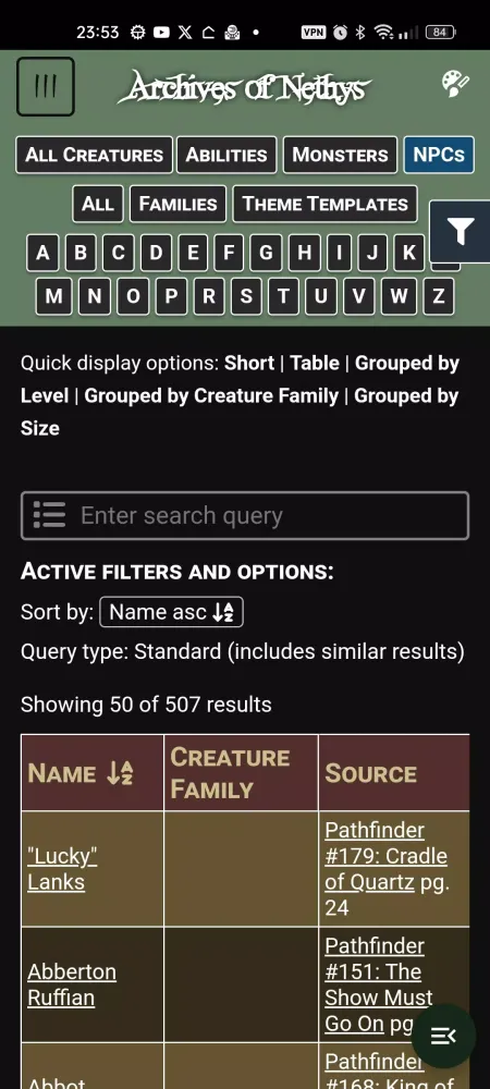 Pathfinder 2e Nethys Browser سکرین شاٹس