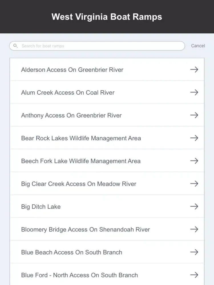Capturas de tela do West Virginia Boat Ramps & Fishing Ramps iPad 