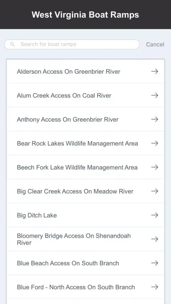 Capturas de tela do West Virginia Boat Ramps & Fishing Ramps