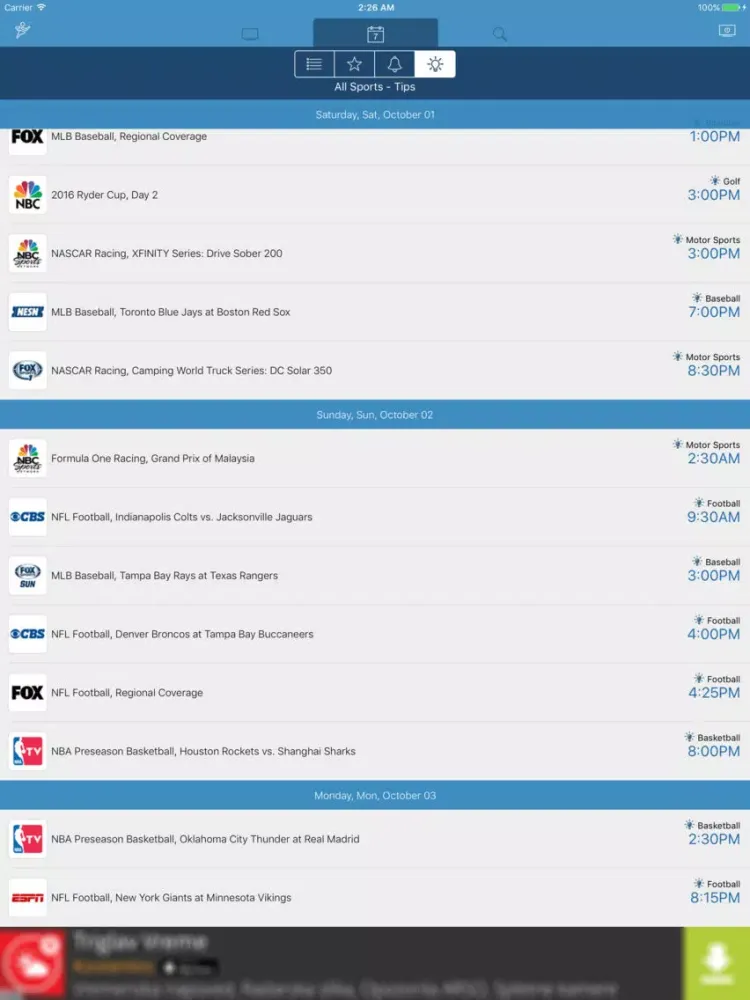 ภาพหน้าจอของ US Live Sport TV Listings iPad 