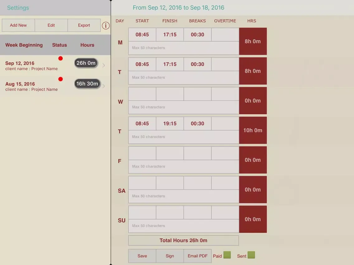 Zrzuty ekranu Timesheet Weekly iPad 