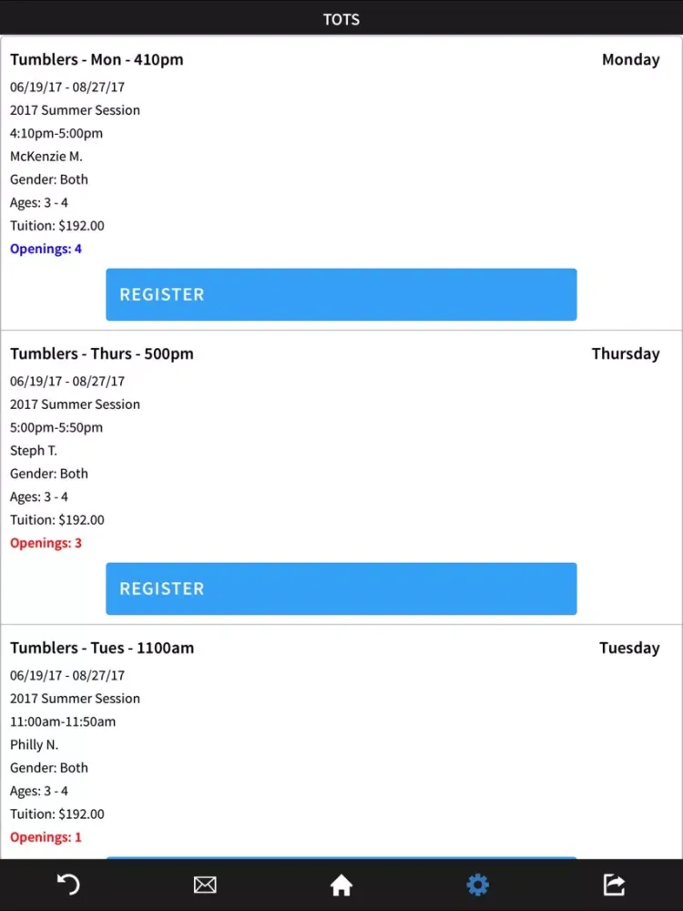 Tangkapan layar Elite Gymnastics Academy iPad 